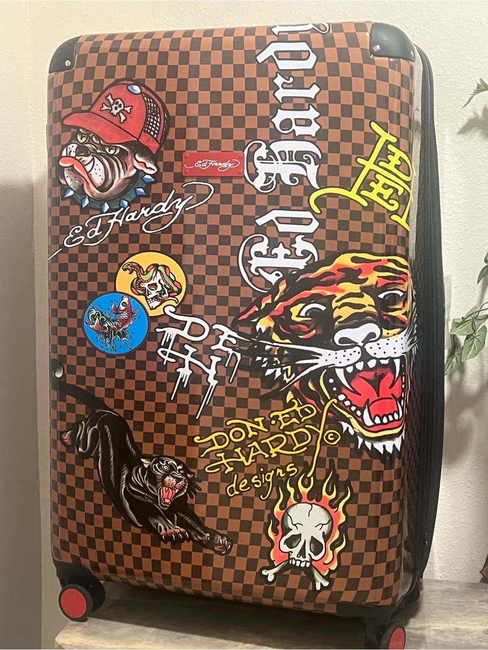 Ed Hardy Brown Checkerboard Travel Luggage with Multicolor Tattoo Graphics